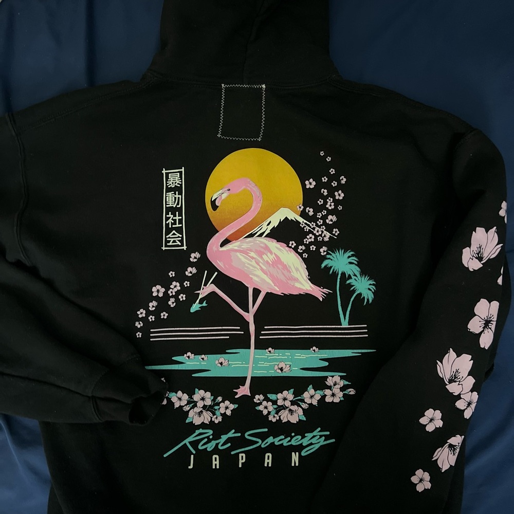 Riot Society Japan Black Hoodie with Flamingo Design